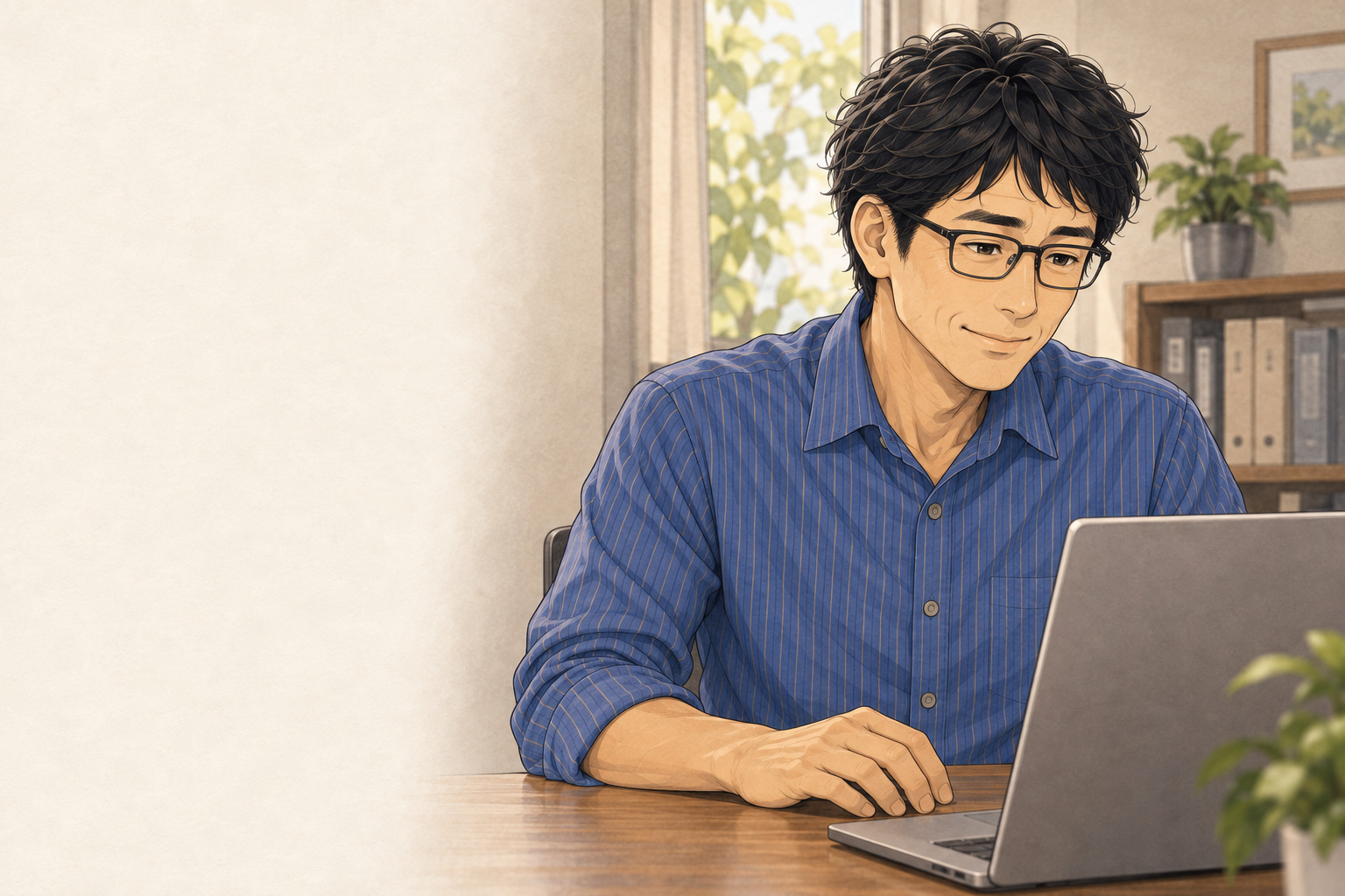 担当医との相談をイメージした、パソコンに向かう架空の利用者のイラスト