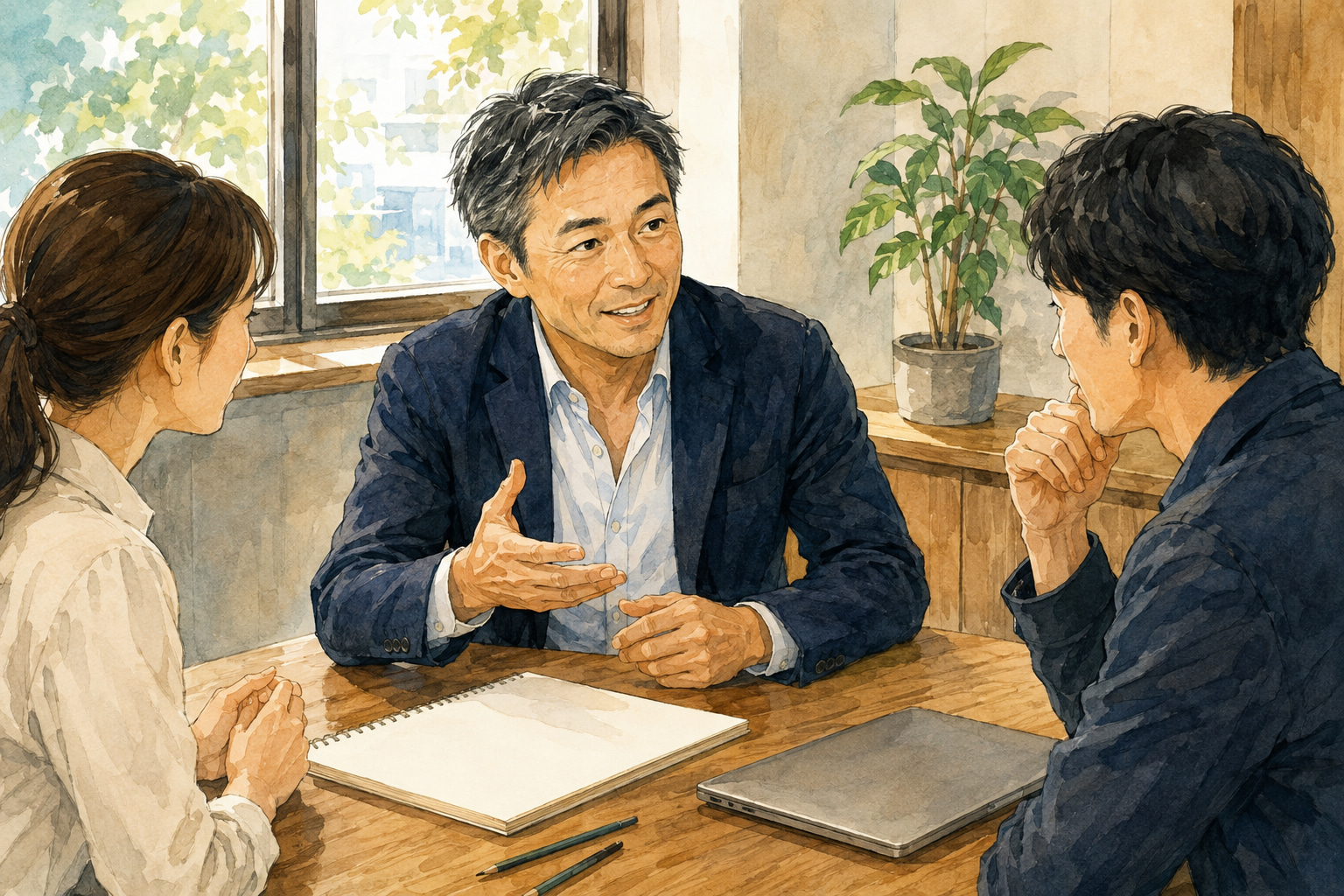 仲間と新しい企画について話し合う、将来の願いを表すイラスト
